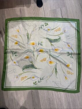 Green Border Floral Calla Lily Print Scarf silk hand made